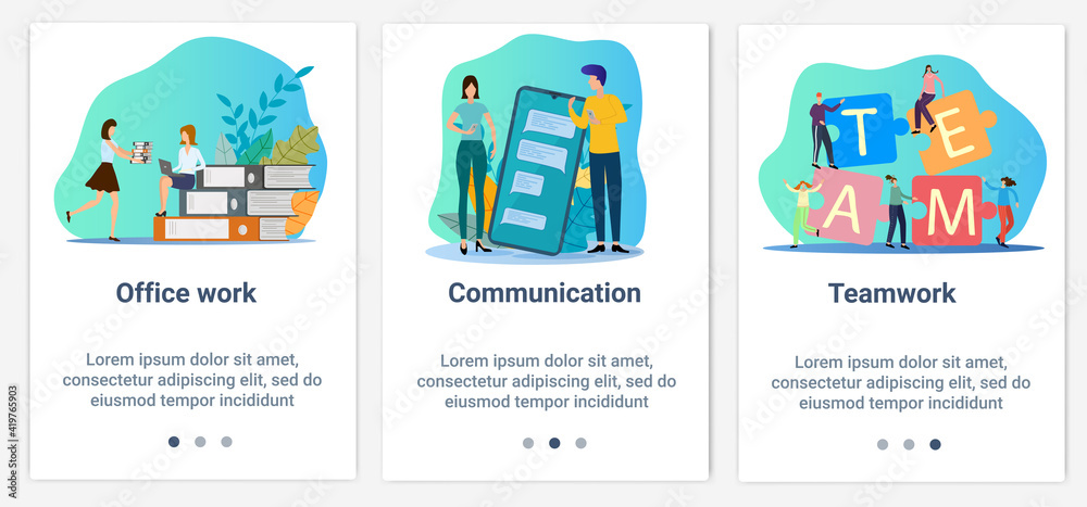 Modern flat illustrations in the form of a slider for web design. A set of UI and UX interfaces for the user interface.Topic Office work and online communication. Modern flat illustrations in the form of a slider for web design. A set of UI and UX interfaces for the user interface.Topic Office work and online communication.