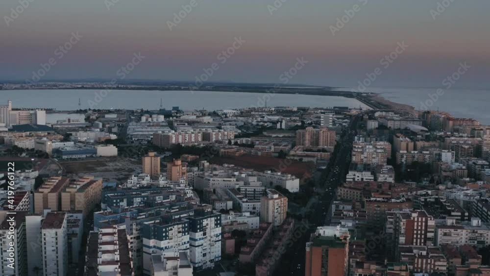Aerial - Sunrise over the Bay of Cadiz, Andalusia, Spain, wide shot pan left Aerial - Sunrise over the Bay of Cadiz, Andalusia, Spain, wide shot pan left
