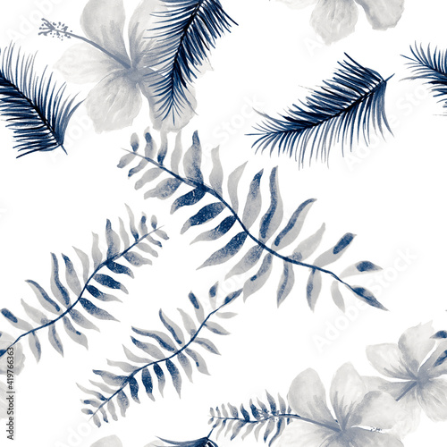 Cobalt Seamless Palm. Navy Pattern Illustration. Indigo Tropical Foliage. Blue Spring Foliage. Gray Decoration Background. Drawing Texture. Watercolor Vintage. © Surendra