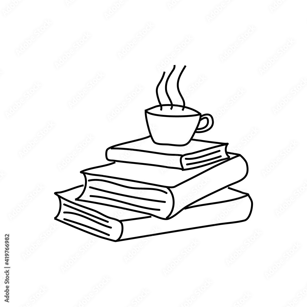 Pile of books with cup of tea. Concept love reading. Line icon for libraries, stores, festivals, fairs and schools. Vector illustration Pile of books with cup of tea. Concept love reading. Line icon for libraries, stores, festivals, fairs and schools. Vector illustration