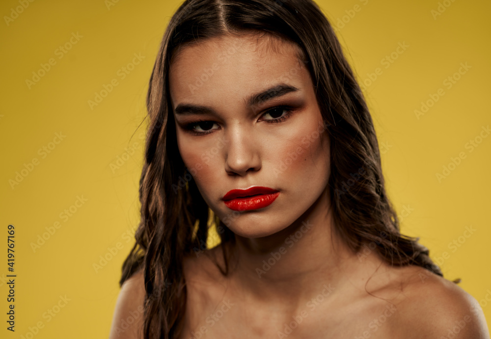 Portrait of nude woman red lips eye shadow model Portrait of nude woman red lips eye shadow model