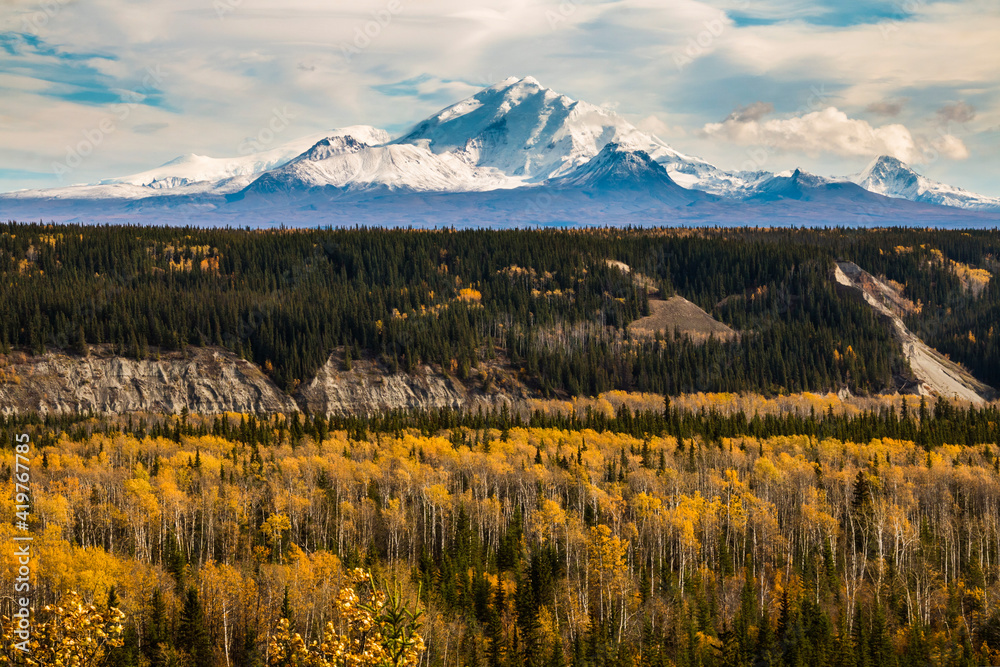 dramatic autumn landscape on the snow capped mountain of the  Wrangell and St. Elias mountain ranges in Alaska.