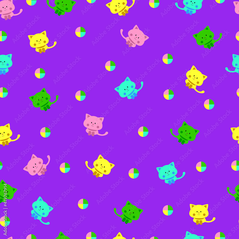 Cute seamless pattern, patterns with cats and balls, purple background Cute seamless pattern, patterns with cats and balls, purple background