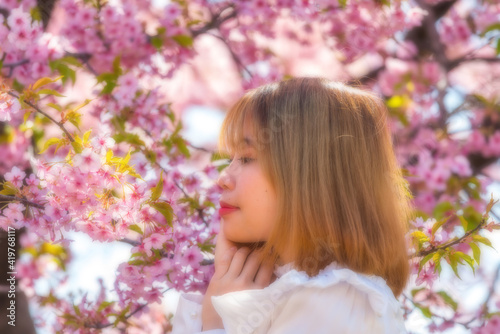河津桜と若い女性 