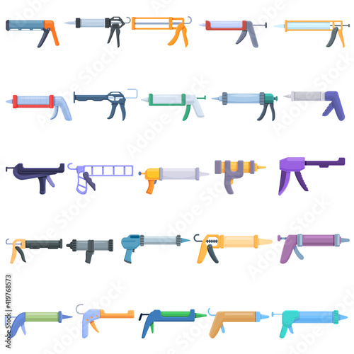 Silicone caulk gun icons set. Cartoon set of silicone caulk gun vector icons for web design