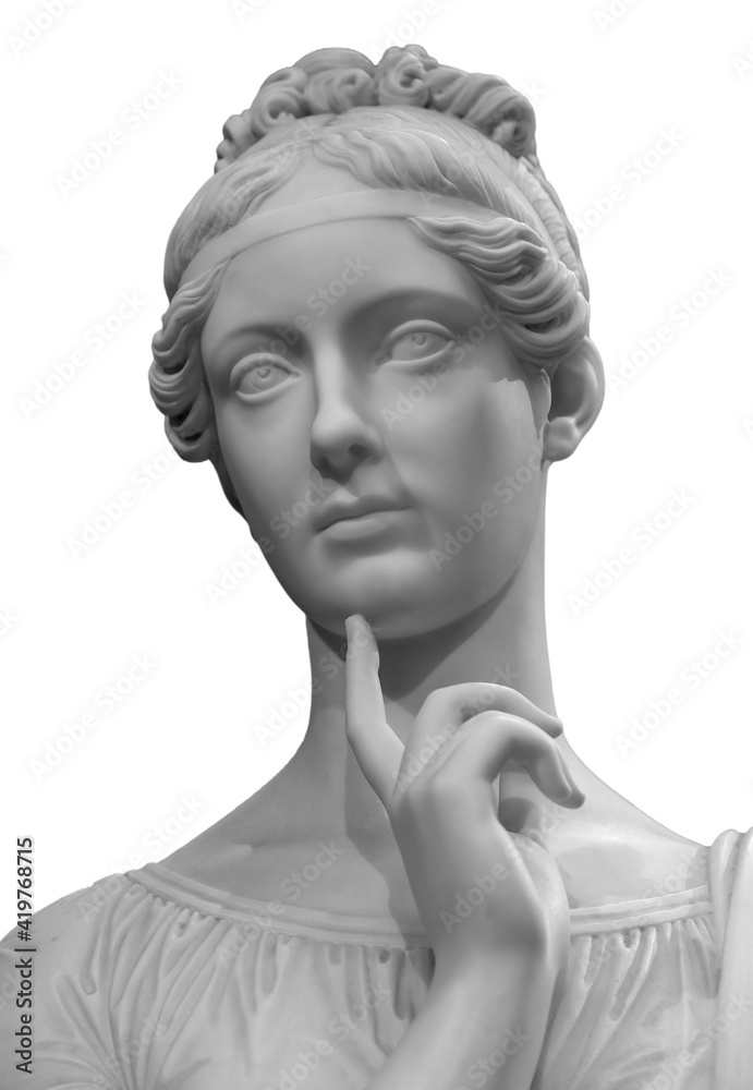 Ancient white marble sculpture head of young woman. Statue of sensual  renaissance art era woman antique style. Face isolated on white background  фотография Stock | Adobe Stock