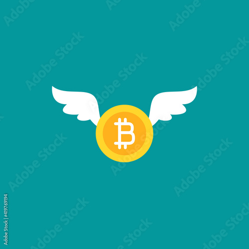 gold bitcoin with wings. flat icon isolated on blue background. Economy, finance, digital money.