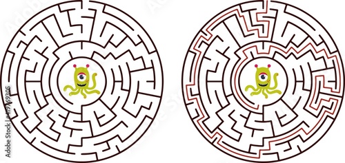 Circular maze with way from center to exit on turquoise blue background. Problem, confusion and solution concept. Flat design