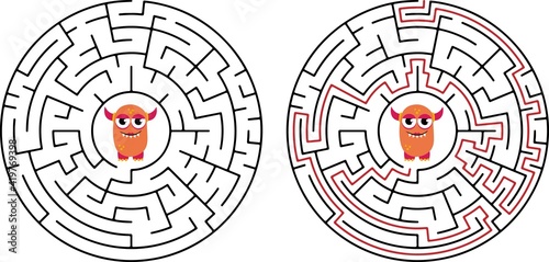 Circular maze with way from center to exit on turquoise blue background. Problem, confusion and solution concept. Flat design