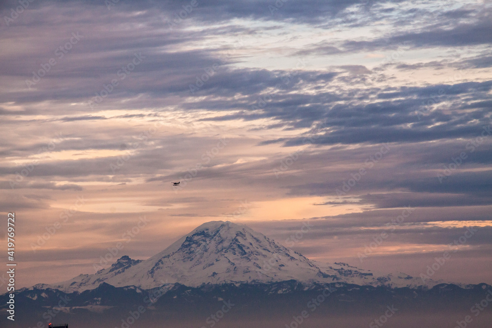 dramatic sunset in Seattle overlooking Mt Rainier.