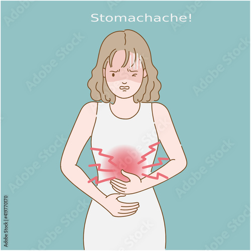 Women stomachache. Suffers from stomachache after eating. Feels discomfort in belly and has disorder. Feeling very unwell. Painful disease conccept. Simple line drawing hand.