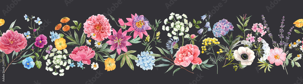 Naklejka Beautiful horizontal seamless floral pattern with watercolor hand drawn gentle summer flowers. Stock illustration. Natural artwork.