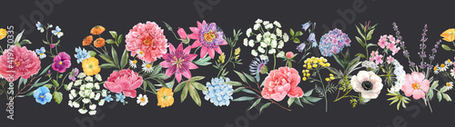 Beautiful horizontal seamless floral pattern with watercolor hand drawn gentle summer flowers. Stock illustration. Natural artwork.