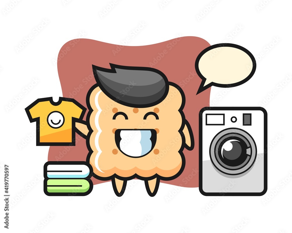 Mascot cartoon of cracker with washing machine Mascot cartoon of cracker with washing machine