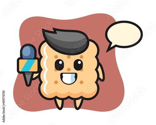 Character mascot of cracker as a news reporter