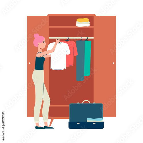 Woman during staying in hostel or hotel, flat vector illustration isolated.