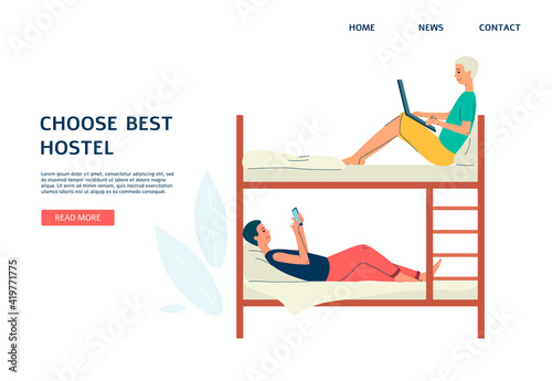 Web banner interface for hostel choosing and booking flat vector illustration.