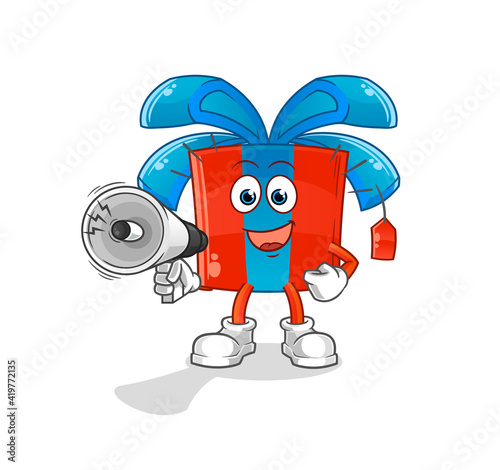 gift holding hand loudspeakers vector. cartoon character