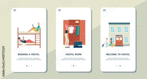 Vector set of mobile phone screens with app for choosing and booking hostel