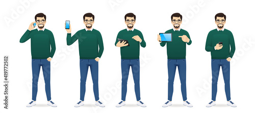 Handsome business in casual outfit with gadjets phone and tablet set isolated vector illustration
