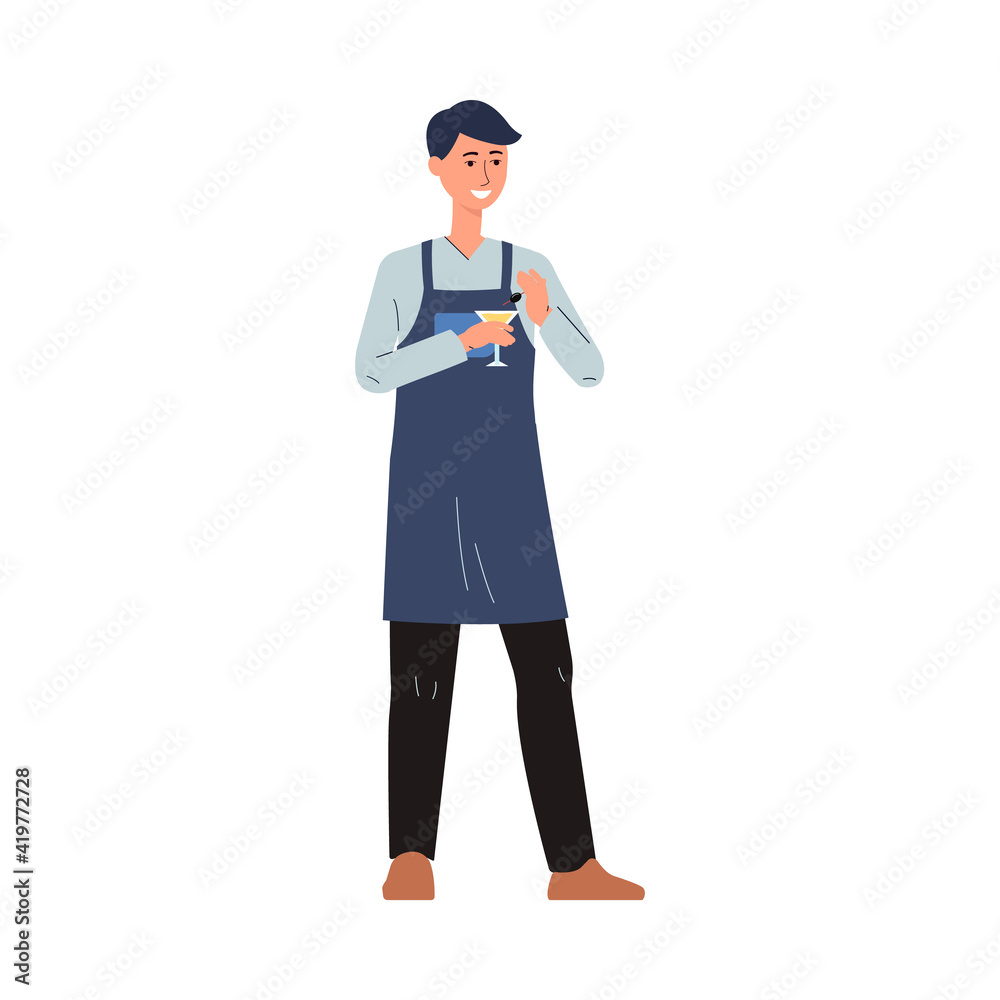 Restaurant staff waiter or barman holding alcohol drink in hands.