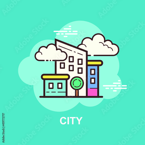 City life with buildings skyscrapers with blue sky and clouds flat concept design