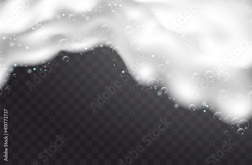 Realistic background with Soap foam. Bath laundry white bubbles, shampoo soap clean bubbling shiny washing hygiene detergent vector. Checkered transparent background
