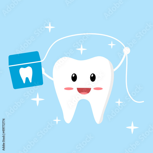 Clean your teeth regularly with dental floss concept. Smiling teeth cartoon using floss in flat design. Dental care. Oral healthcare.