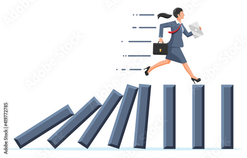 Businesswoman running away from falling domino. Domino chain reaction effect in business. Crisis management, finance intervention, tax, debt, fee and bankruptcy. Vector illustration in flat style
