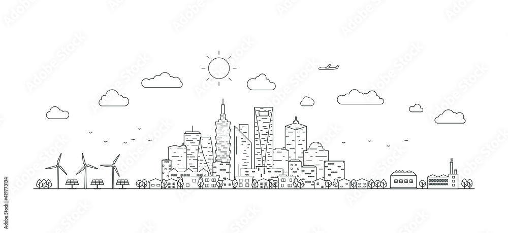 Vector thin line city landscape. Panorama urban modern city landscape with high skyscrapers.