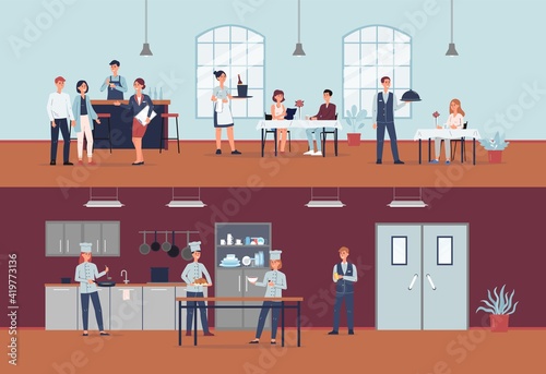 Restaurant kitchen and hall with cooks and waiters, flat vector illustration.