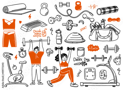 Set of hand drawn sport doodle with ball, bottle, medal, food, diet, fitness and gym elements. Cartoon sketch style. Vector illustration for healthy and activity life design concept.