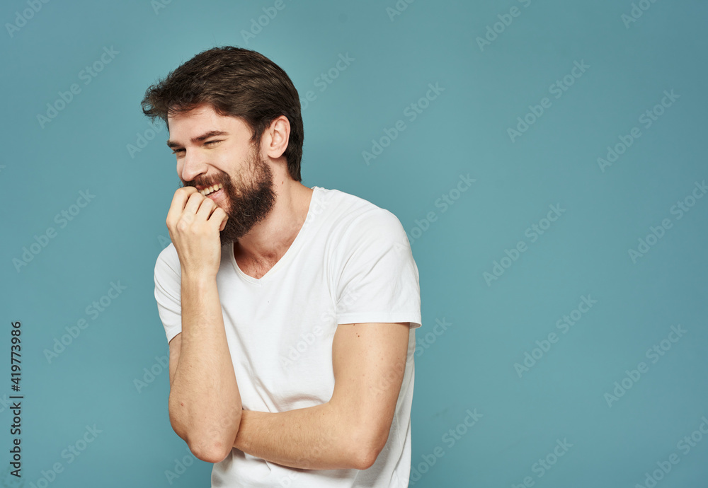 Emotional man gestures with his hands surprise shock model Emotional man gestures with his hands surprise shock model