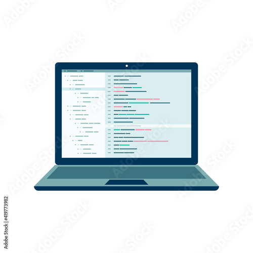 Open laptop with program code on screen flat vector illustration isolated.