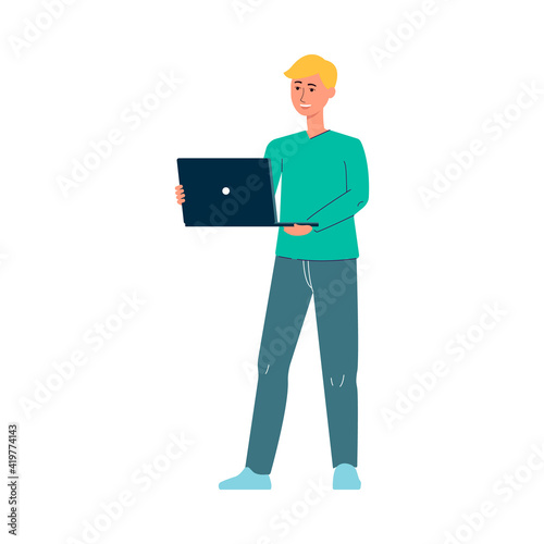 A male programmer performs digital code testing and searches for errors and bugs