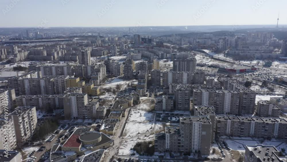 Flying OverResidential Apartment Buildings Block of Flats of Soviet Period in Vilnius Fabijoniskes District