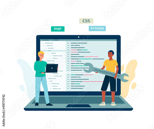 UI code testers or programmers next to laptop, flat vector illustration isolated.