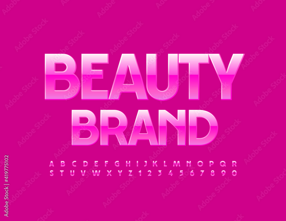 Vector bright sign Beauty Brand. Pink shiny Font. Elegant Alphabet Letters and Numbers set