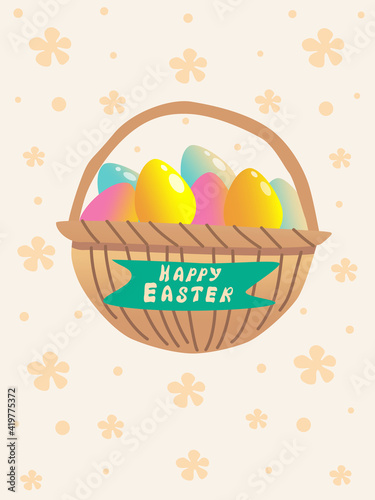  Easter greeting card with a large basket and colorful eggs. Vector illustration, for social media content, invitation, poster, picture in the interior, postcard.