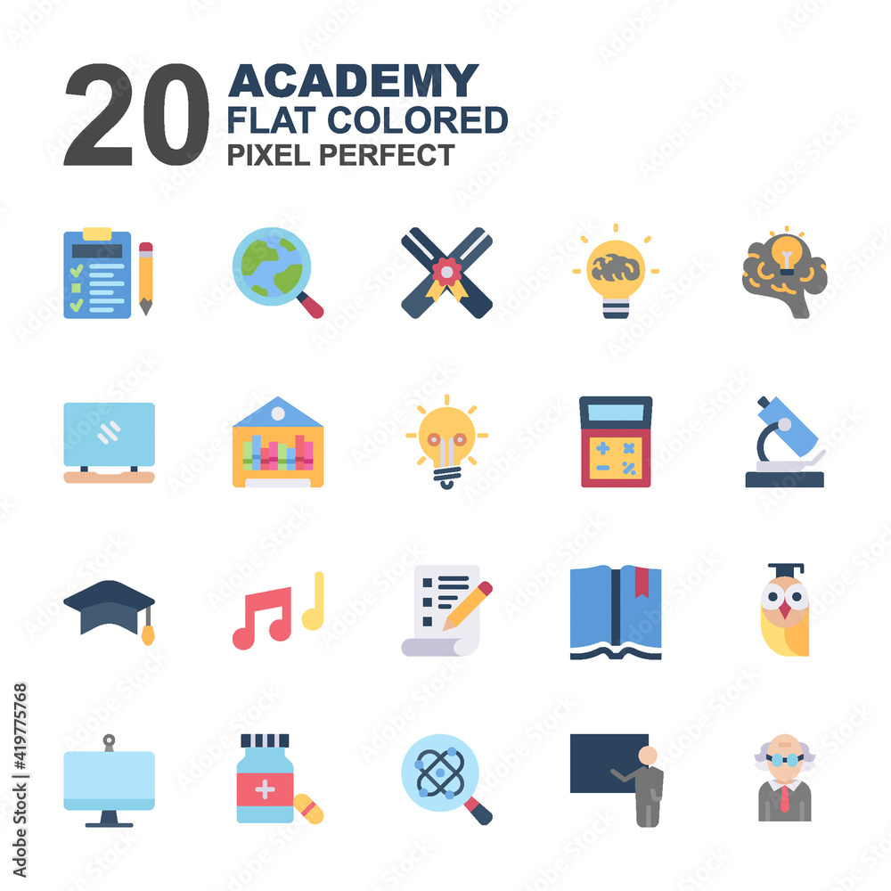 Icon Set of Academy. Flat Color icons vector. You can use for web, app and more.