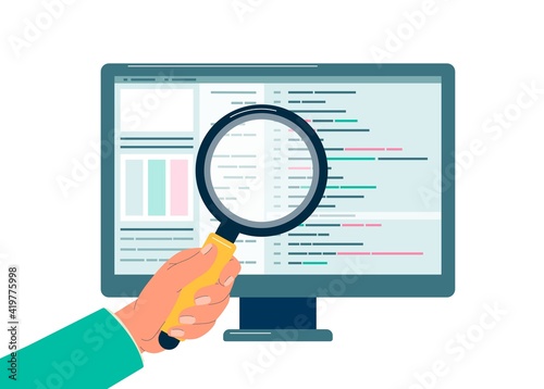 Programmers hand with magnifier checking code flat vector illustration isolated.