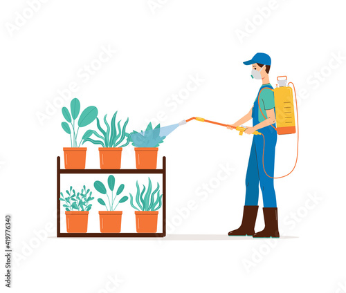 Male in protective mask spraying pesticide on potted plants a vector illustration
