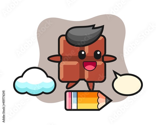 Chocolate bar mascot illustration riding on a giant pencil