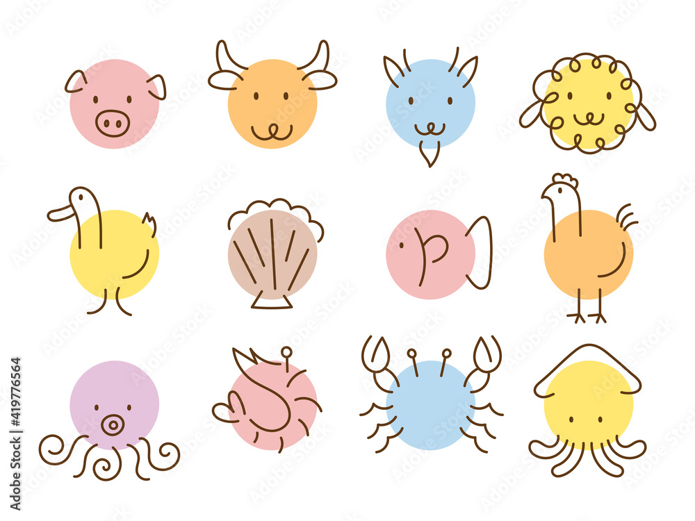 Animals Head Simply Shape and Line Drawing Set, Meat Concept, Farm, Food and Seafood Animals Head Simply Shape and Line Drawing Set, Meat Concept, Farm, Food and Seafood