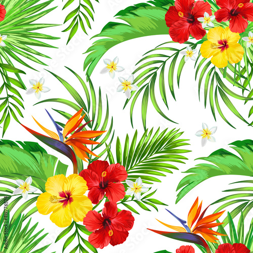 Fototapeta Naklejka Na Ścianę i Meble -  Exotic tropical pattern with strelizia, hibiscus, palm leaves. Summer vector background for fabric, cover,print design. Tropic illustration.