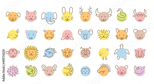 Animals Head Simply Circle Shape and Line Drawing Set © muchmania