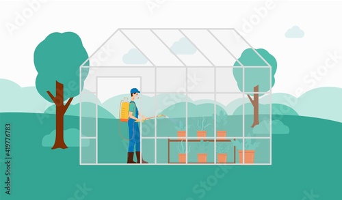 Farmer spraying pesticides on plants in a greenhouse flat vector illustration.