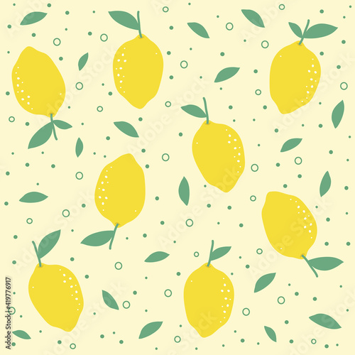 Cute lemon with yellow background and green leaf concept.