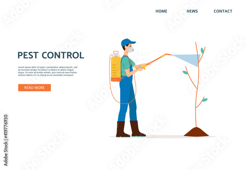 Pest control website with worker sprays pesticides flat vector illustration.