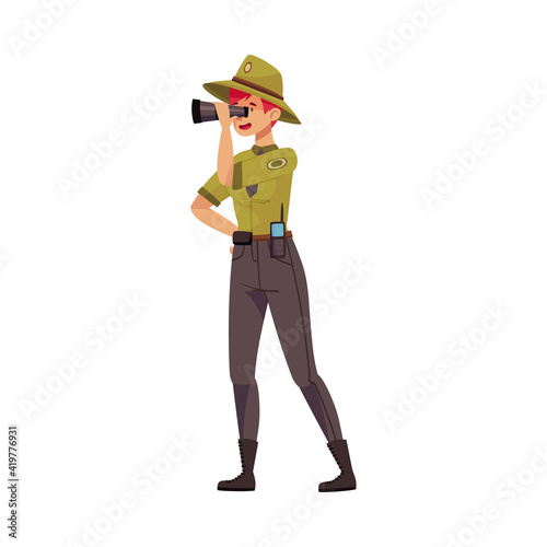 Female as Park Ranger in Khaki Hat and Shirt Watching in Binocular Protecting and Preserving National Parkland Vector Illustration